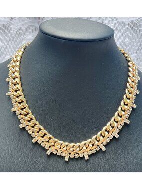 Gold-Tone Cuban Link Chain Necklace With Rhinestone Detailing Adjustable Length